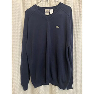 Lacoste Sweater Mens Sz 5 Large Navy Blue V-Neck Long Sleeve Pullover Cotton K4